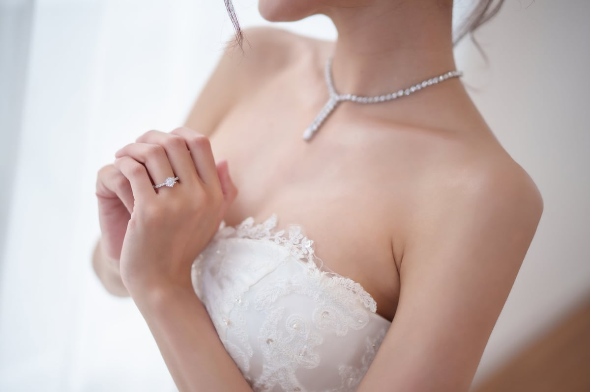 Close up of bride hands showing wedding ring, symbolizing love and marriage