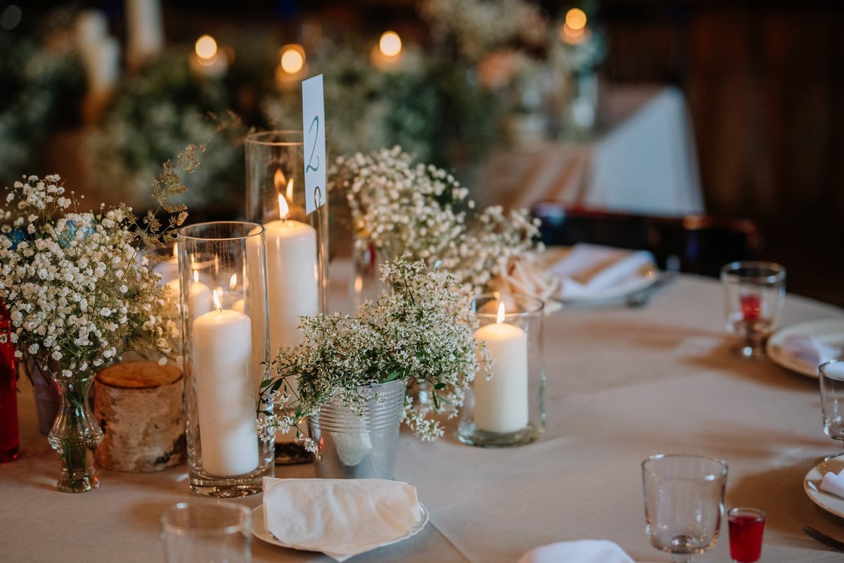 Elegant wedding reception table with candles and flowers